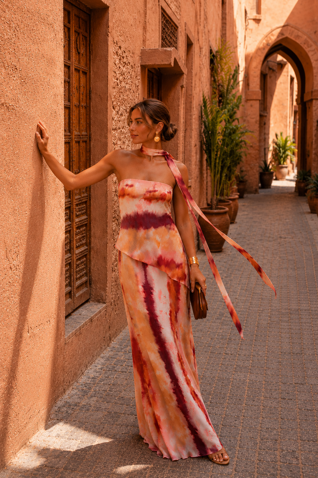 Vestido largo estampado con escote palabra de honor - M