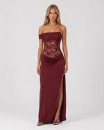 LUNA MUSE - Vestido Maxi de Encaje con Falda Drapeada y Abertura