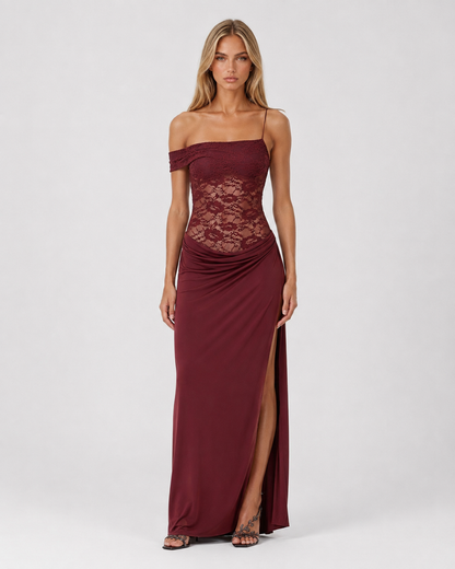 LUNA MUSE - Vestido Maxi de Encaje con Falda Drapeada y Abertura