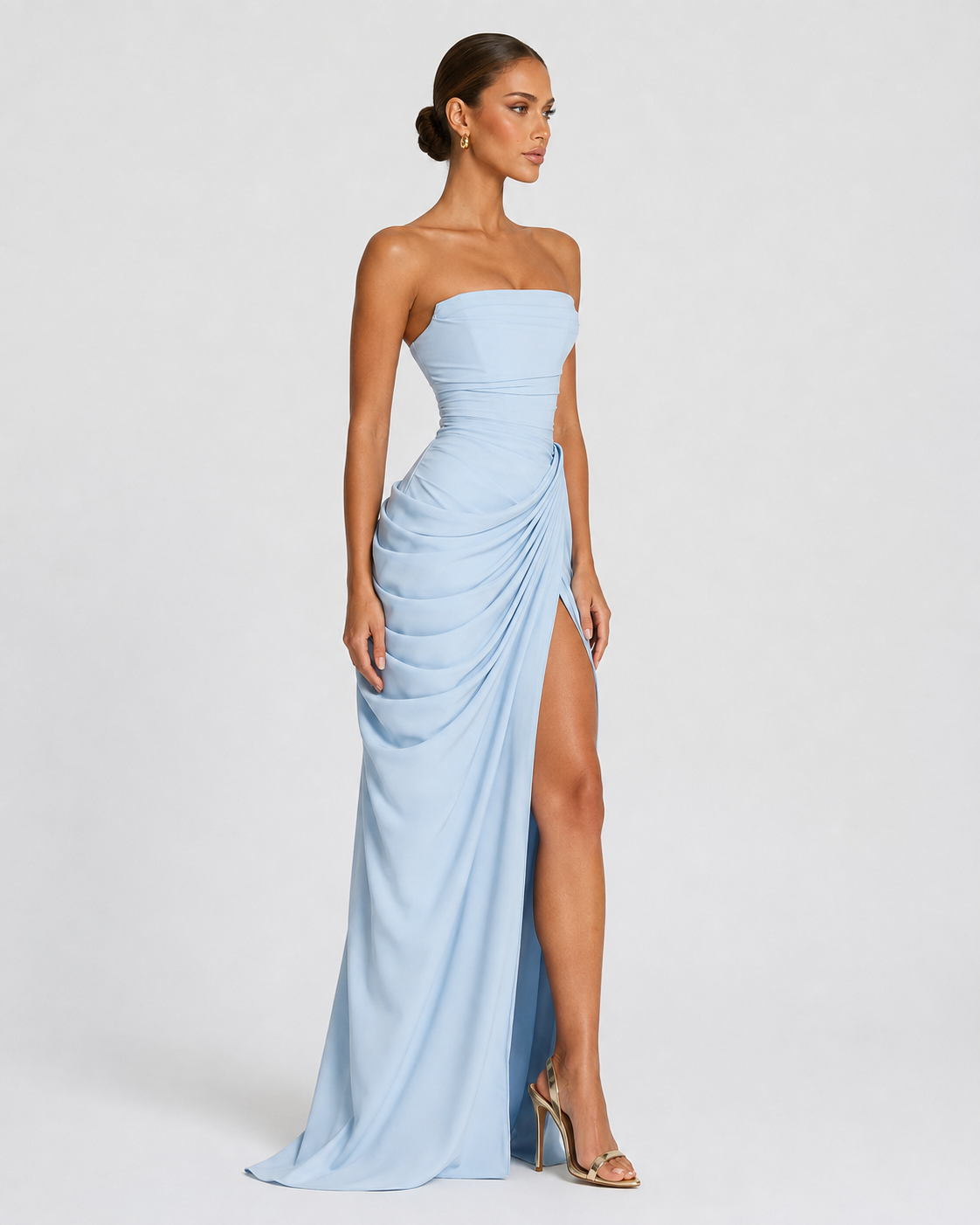 CELESTE - Vestido Maxi Palabra de Honor con Drapeado y Abertura