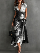Carlotta | Vestido Midi Cruzado con Estampado Abstracto, Blanco y Negro