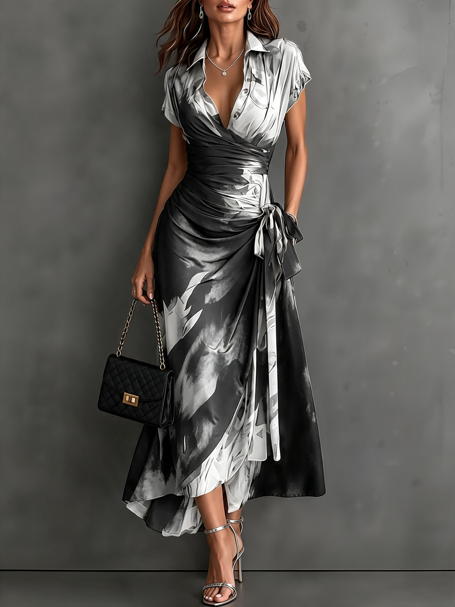 Carlotta | Vestido Midi Cruzado con Estampado Abstracto, Blanco y Negro