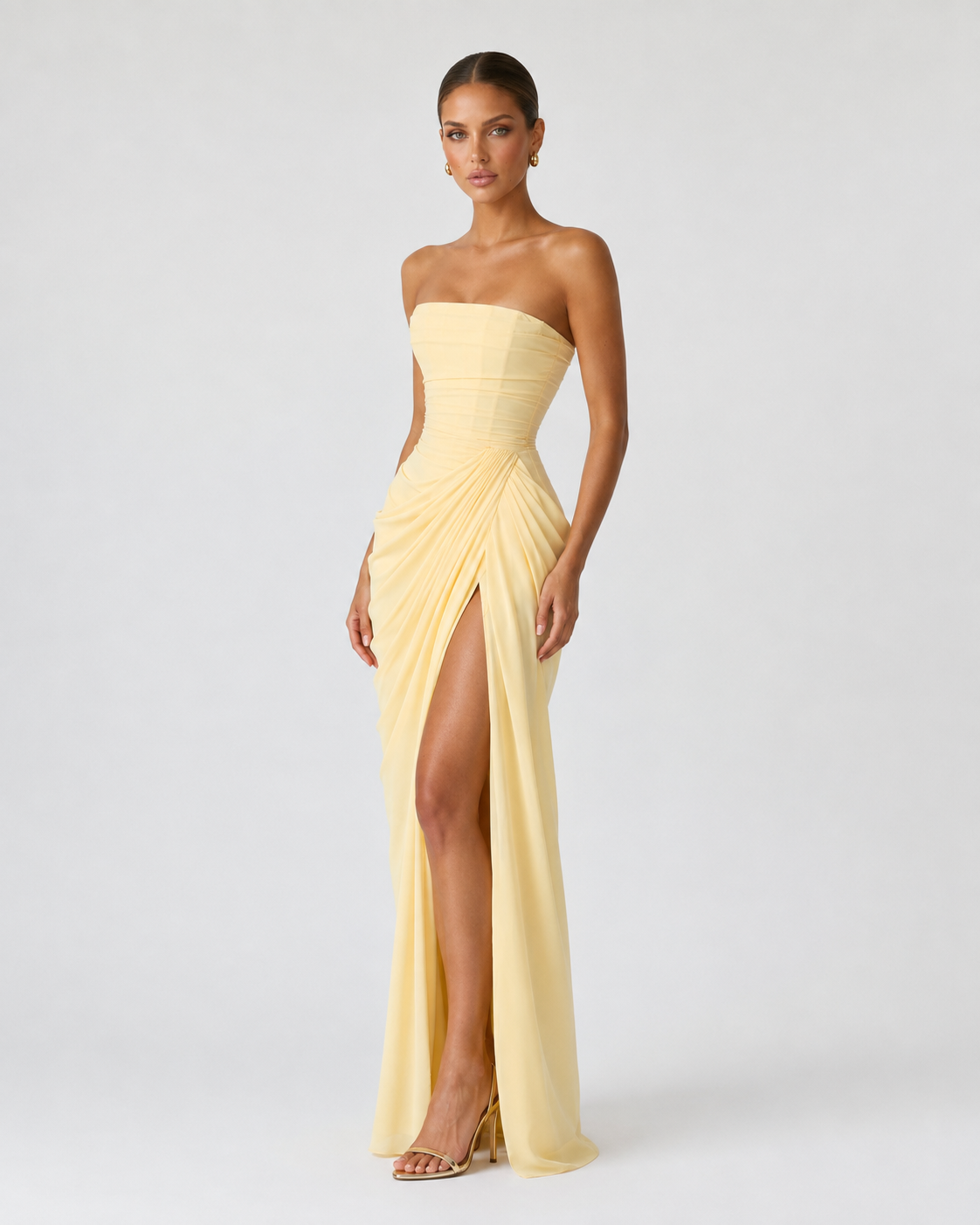 CELESTE - Vestido Maxi Palabra de Honor con Drapeado y Abertura