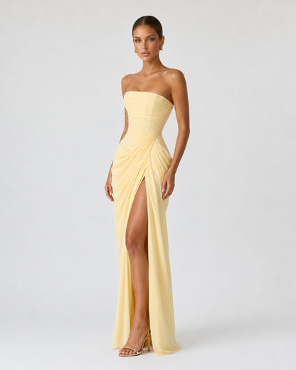 CELESTE - Vestido Maxi Palabra de Honor con Drapeado y Abertura
