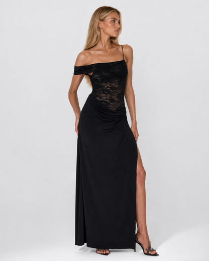 LUNA MUSE - Vestido Maxi de Encaje con Falda Drapeada y Abertura