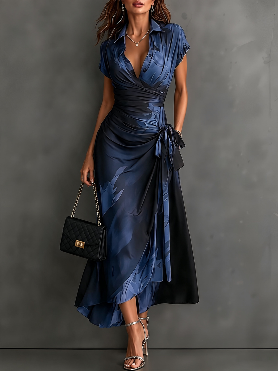 Camilla | Vestido Midi Cruzado con Estampado Abstracto, Azul