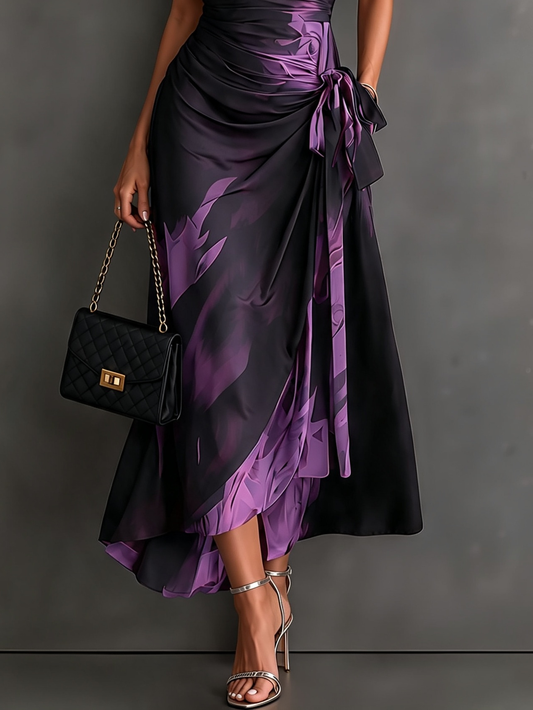 Elisa | Vestido Midi Cruzado con Estampado Abstracto, Morado