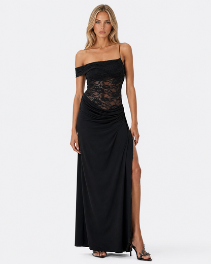 LUNA MUSE - Vestido Maxi de Encaje con Falda Drapeada y Abertura