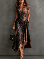 Francesca | Vestido Midi Cruzado con Estampado Abstracto, Marrón