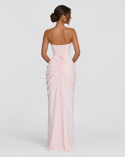 CELESTE - Vestido Maxi Palabra de Honor con Drapeado y Abertura
