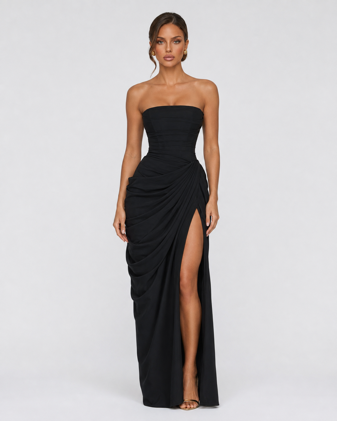 CELESTE - Vestido Maxi Palabra de Honor con Drapeado y Abertura