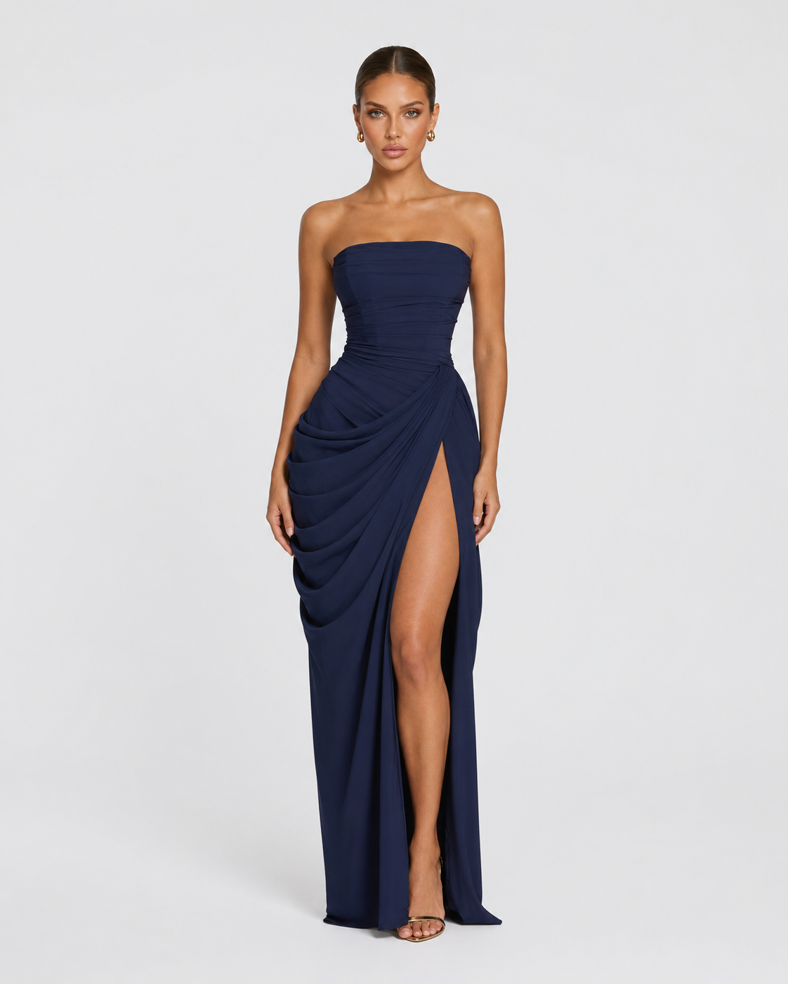 CELESTE - Vestido Maxi Palabra de Honor con Drapeado y Abertura