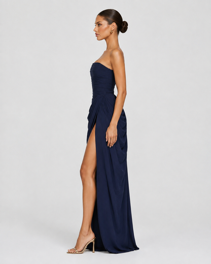 CELESTE - Vestido Maxi Palabra de Honor con Drapeado y Abertura