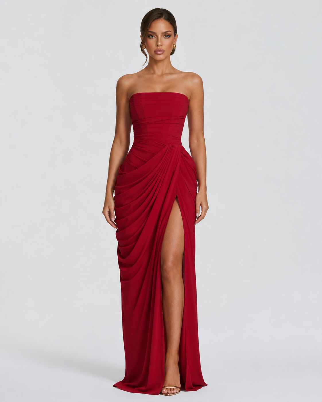CELESTE - Vestido Maxi Palabra de Honor con Drapeado y Abertura