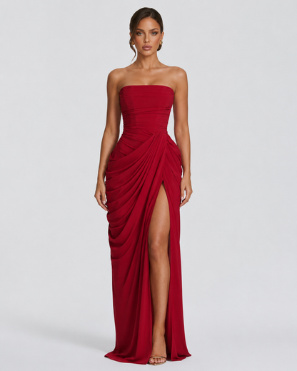 CELESTE - Vestido Maxi Palabra de Honor con Drapeado y Abertura