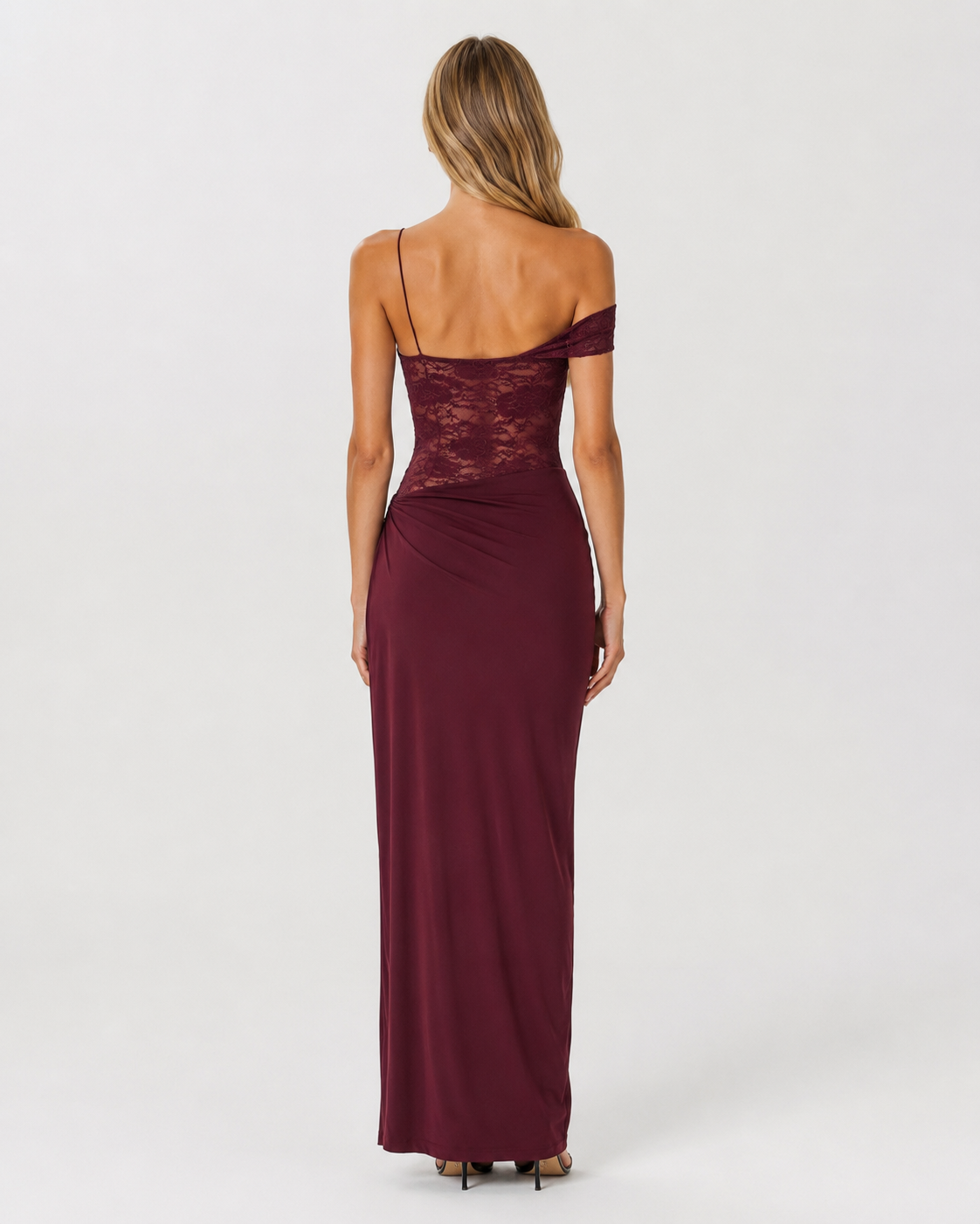 LUNA MUSE - Vestido Maxi de Encaje con Falda Drapeada y Abertura