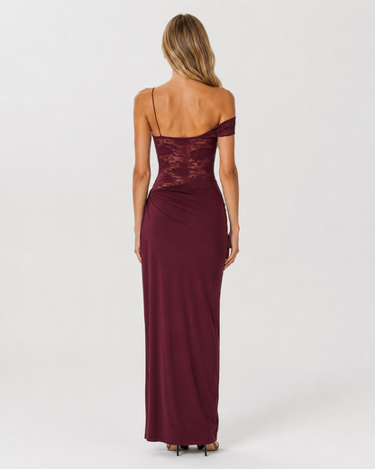 LUNA MUSE - Vestido Maxi de Encaje con Falda Drapeada y Abertura