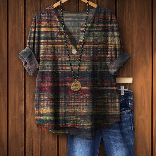 CAMILA - Blusa Vintage Colorida de Manga Tres Cuartos con Cuello en V