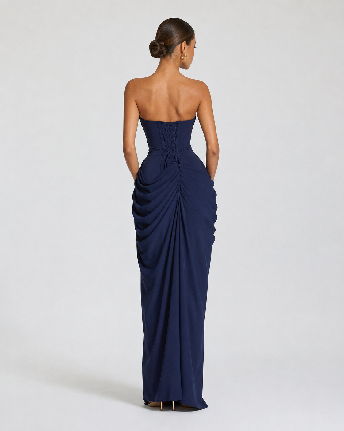 CELESTE - Vestido Maxi Palabra de Honor con Drapeado y Abertura