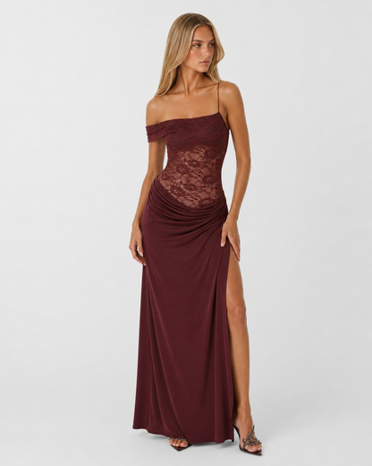 LUNA MUSE - Vestido Maxi de Encaje con Falda Drapeada y Abertura