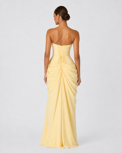 CELESTE - Vestido Maxi Palabra de Honor con Drapeado y Abertura