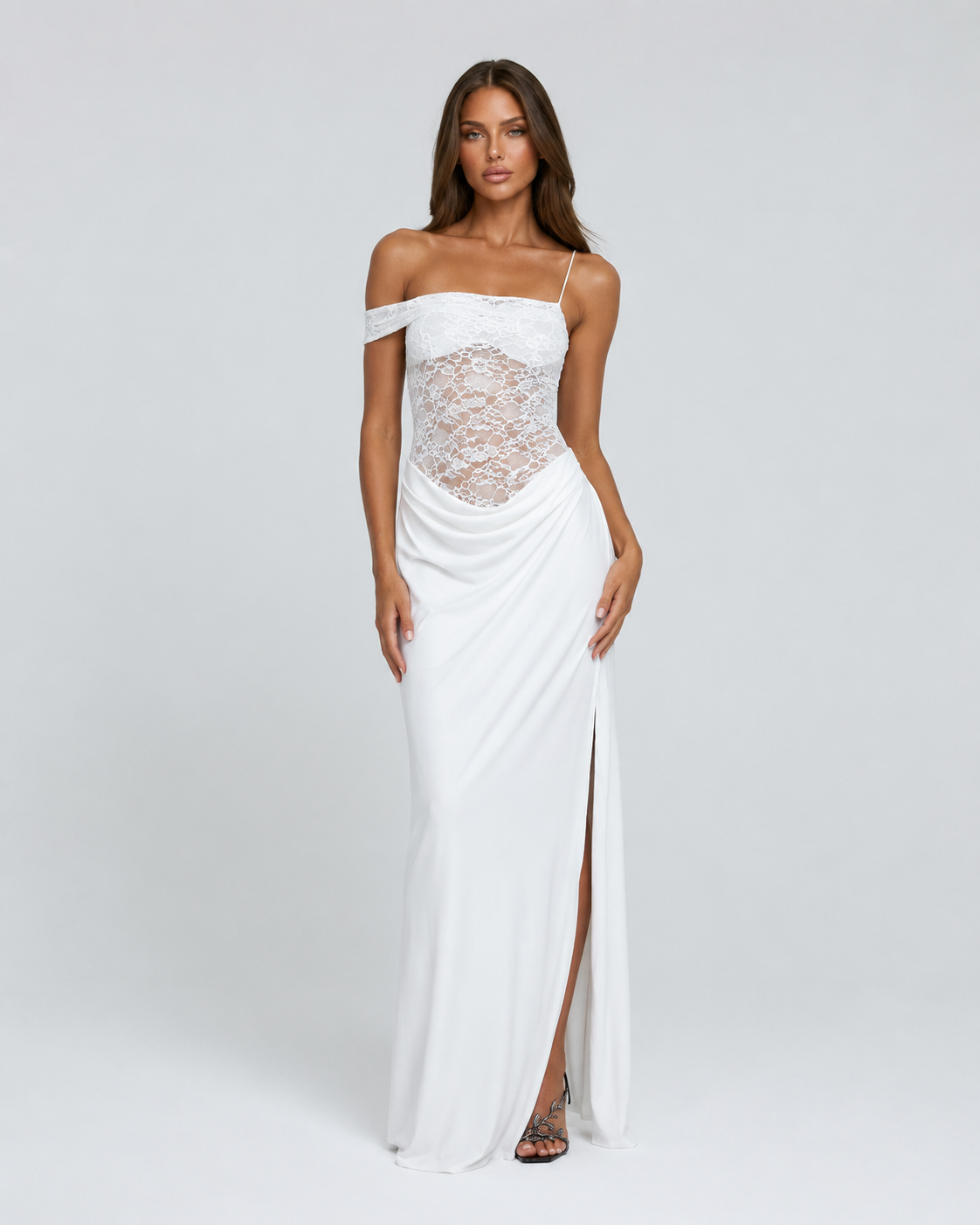 LUNA MUSE - Vestido Maxi de Encaje con Falda Drapeada y Abertura