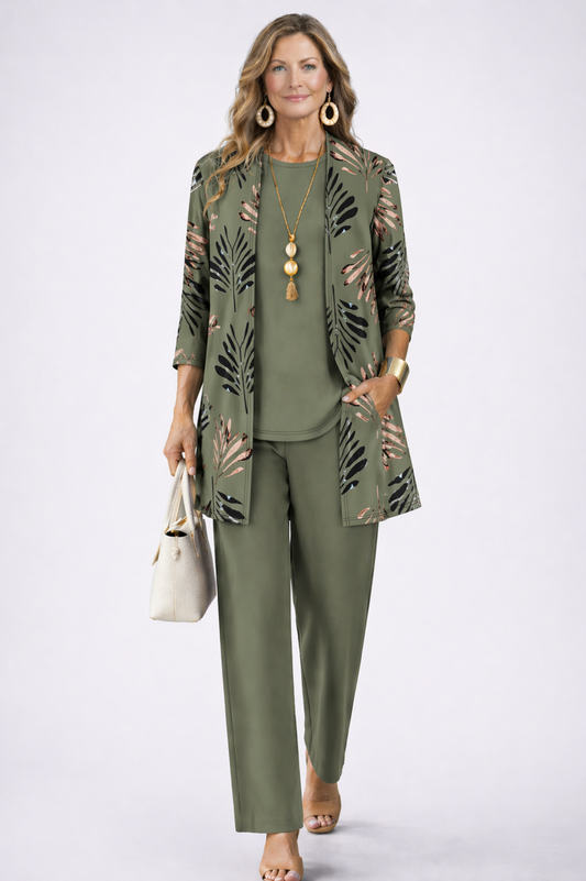 ELENA - Conjunto Elegante de Tres Piezas con Cárdigan y Pantalón
