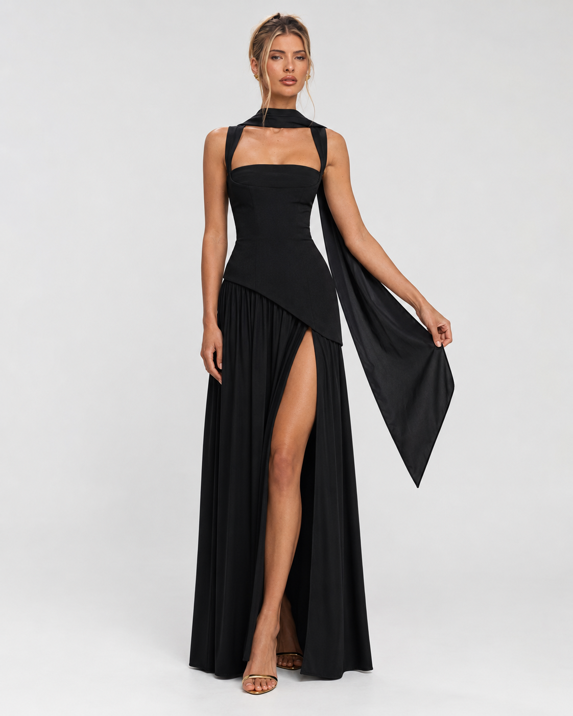 ARIANA - Vestido Maxi Corsé con Abertura y Pañuelo