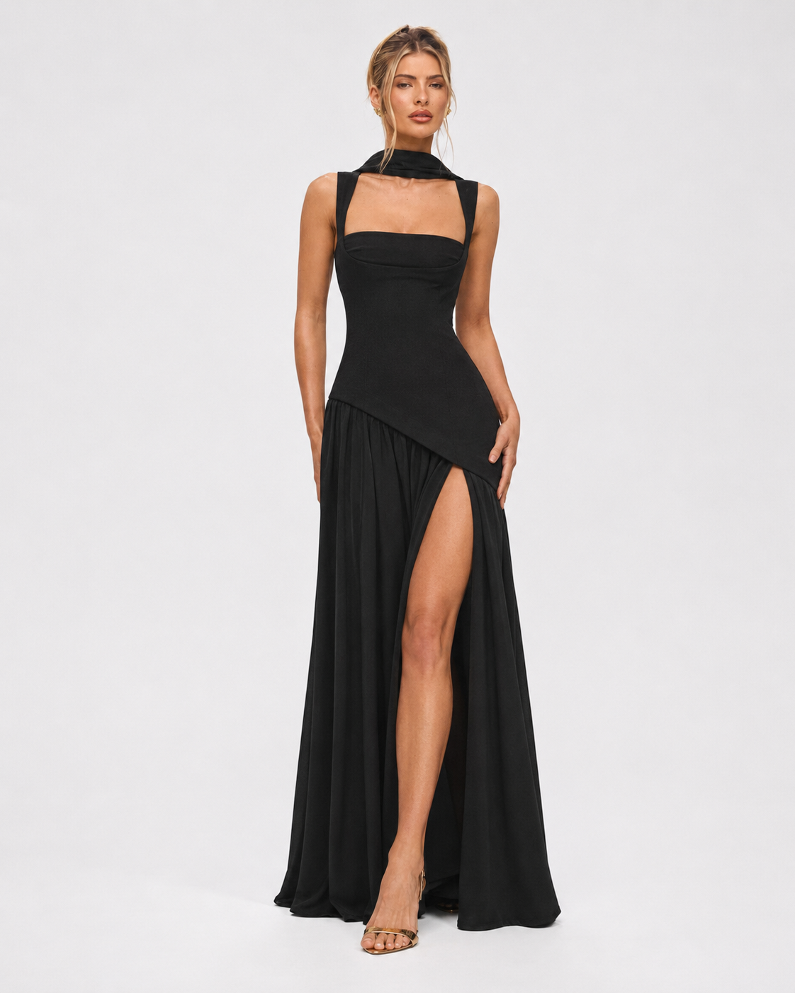 ARIANA - Vestido Maxi Corsé con Abertura y Pañuelo