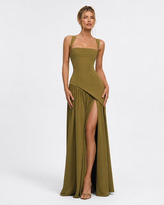 ARIANA - Vestido Maxi Corsé con Abertura y Pañuelo