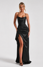 AFTER HOURS - Vestido Maxi Satinado con Tirantes Cruzados y Abertura