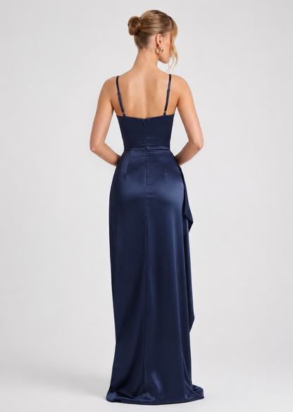 AFTER HOURS - Vestido Maxi Satinado con Tirantes Cruzados y Abertura