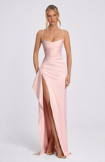 AFTER HOURS - Vestido Maxi Satinado con Tirantes Cruzados y Abertura