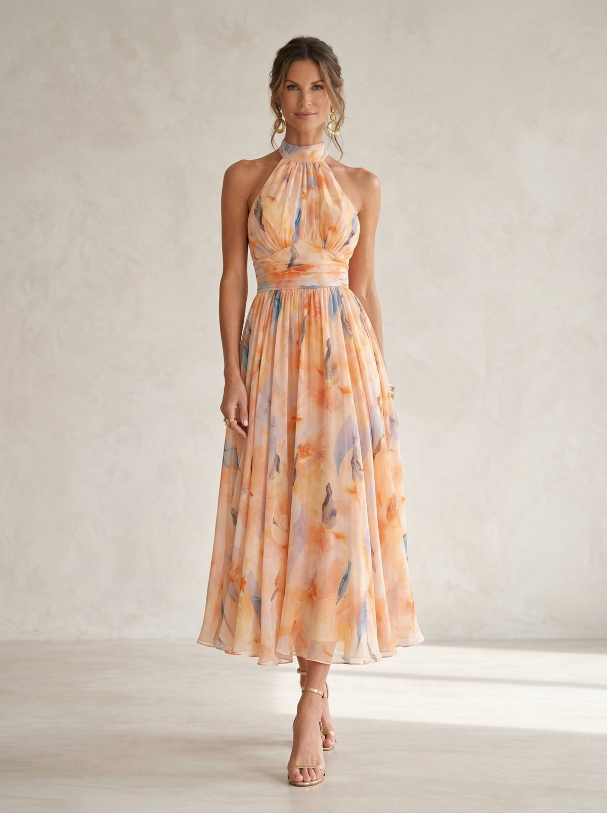 Vestido de Cuello Halter con Estampado de Acuarela - M