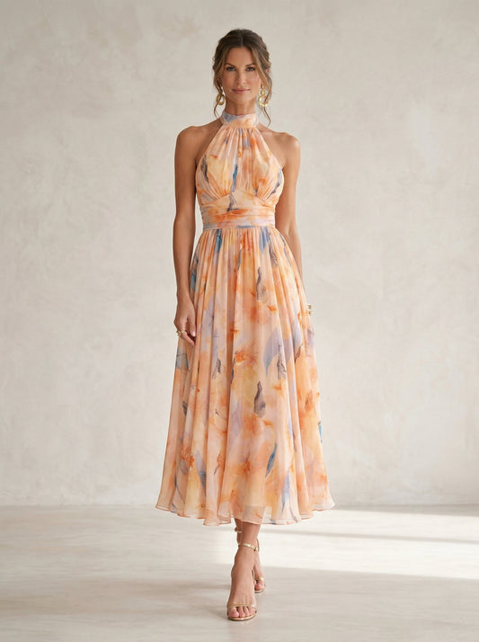 Vestido de Cuello Halter con Estampado de Acuarela - M