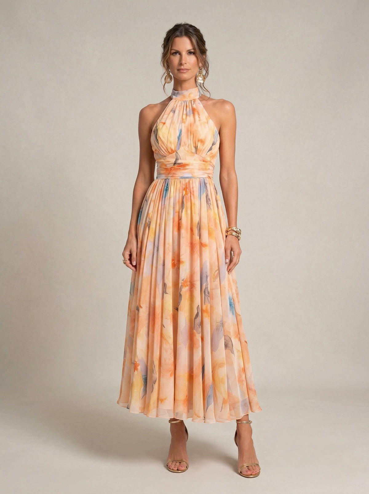 Vestido de Cuello Halter con Estampado de Acuarela - L