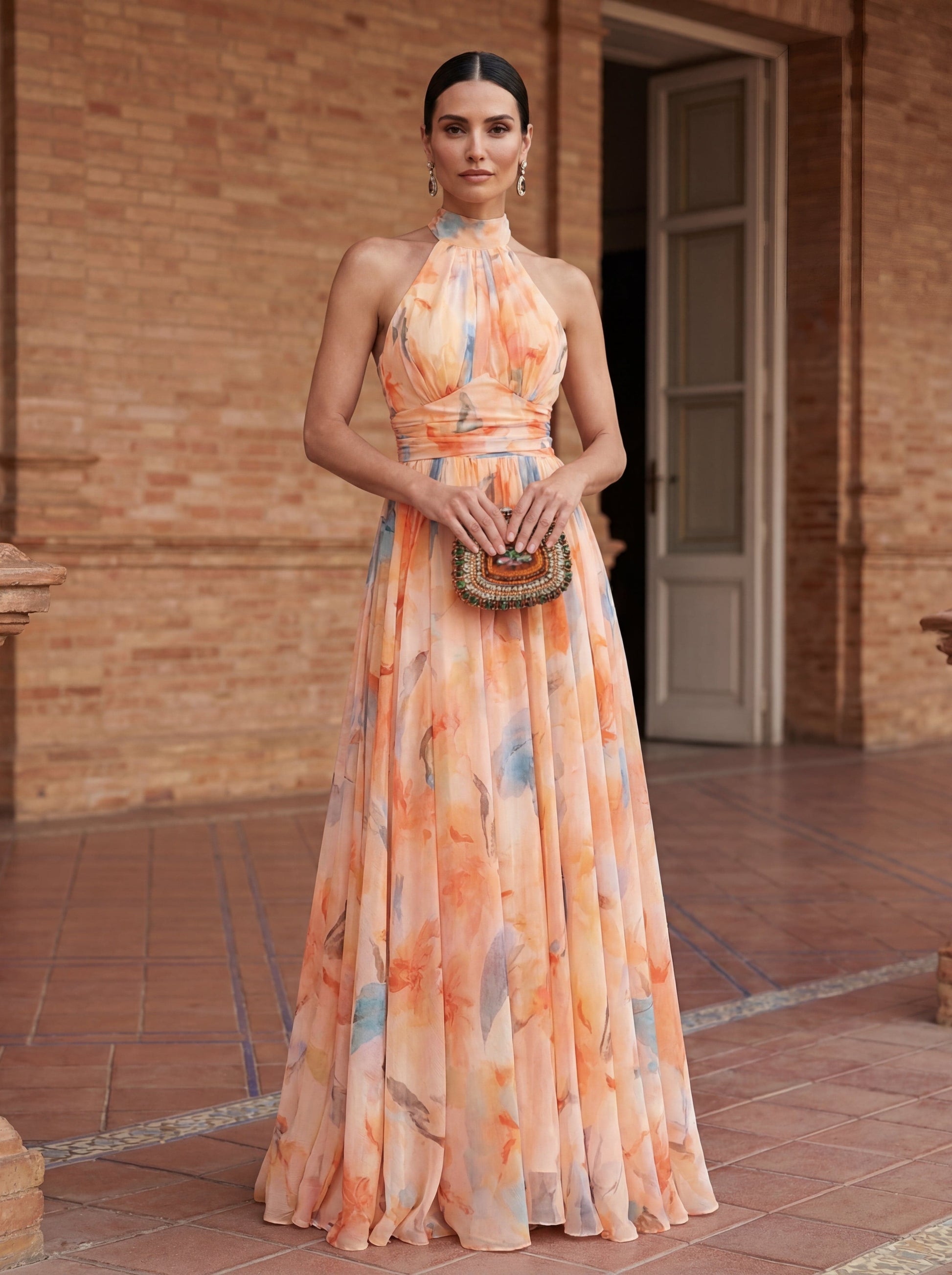 Vestido de Cuello Halter con Estampado de Acuarela - S