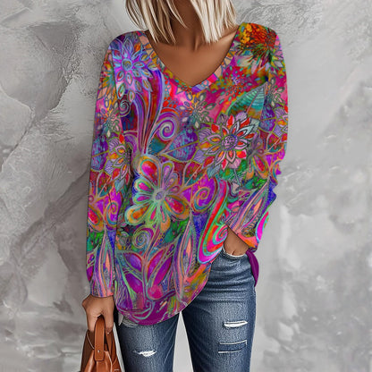 ELIANA - Blusa Floral de Manga Larga con Cuello en V