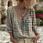 Sera - Blusa Casual Vintage de Manga Tres Cuartos con Cuello en V