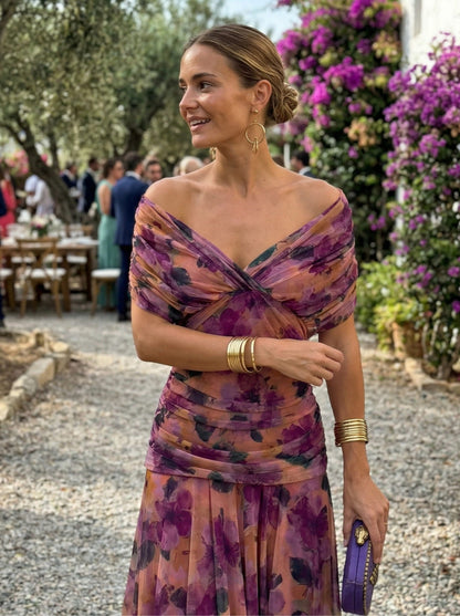 Vestido largo con escote en v - Floral S