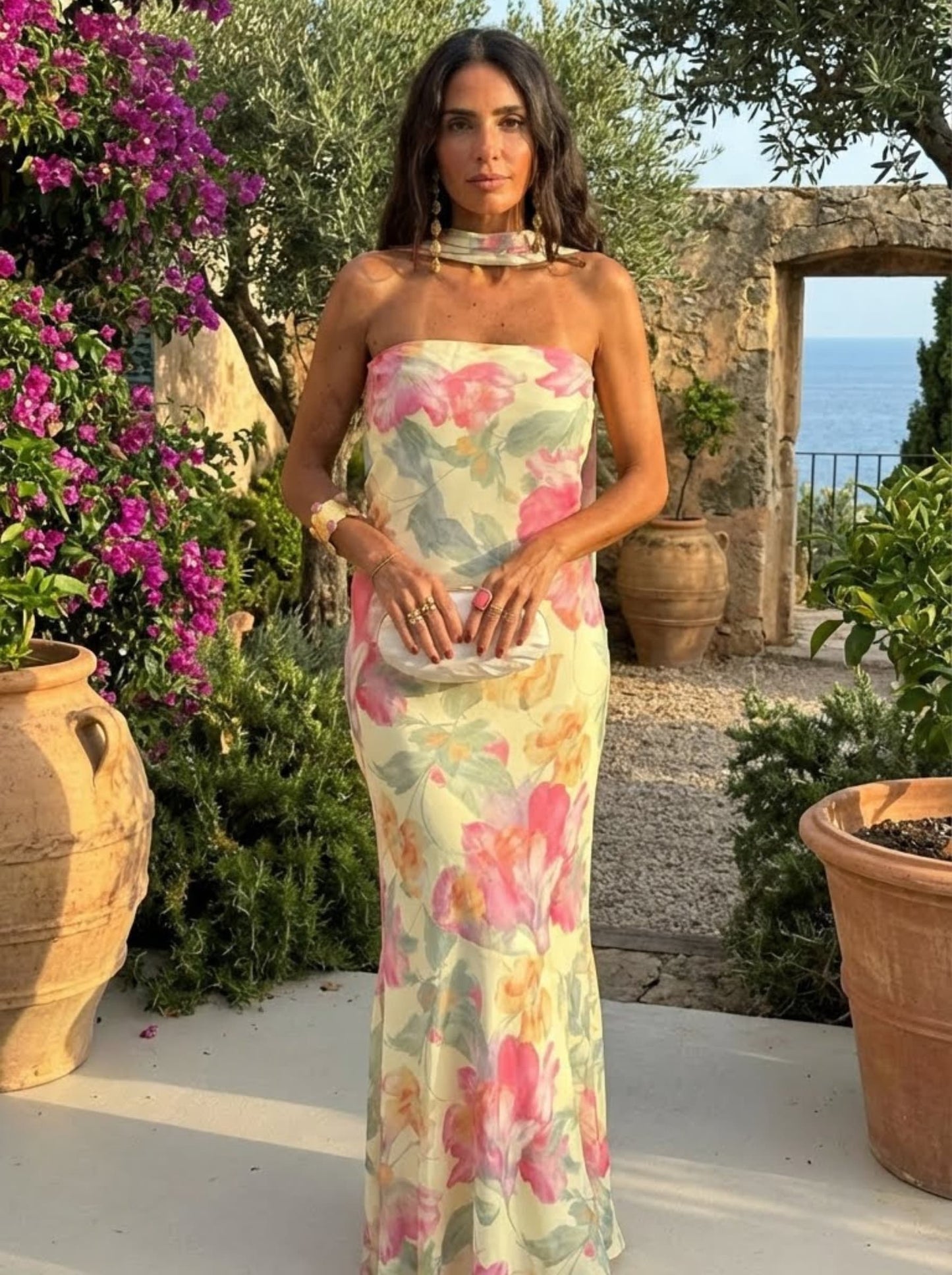 Vestido Largo Strapless Floral Acuarela - S