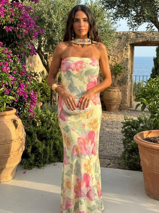 Vestido Largo Strapless Floral Acuarela - S