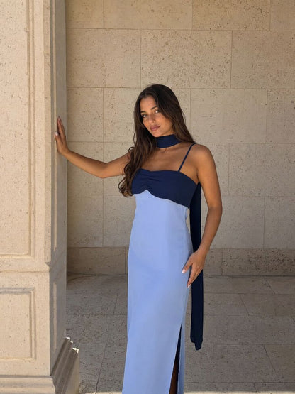 Vestido Largo Drapeado Bicolor - S