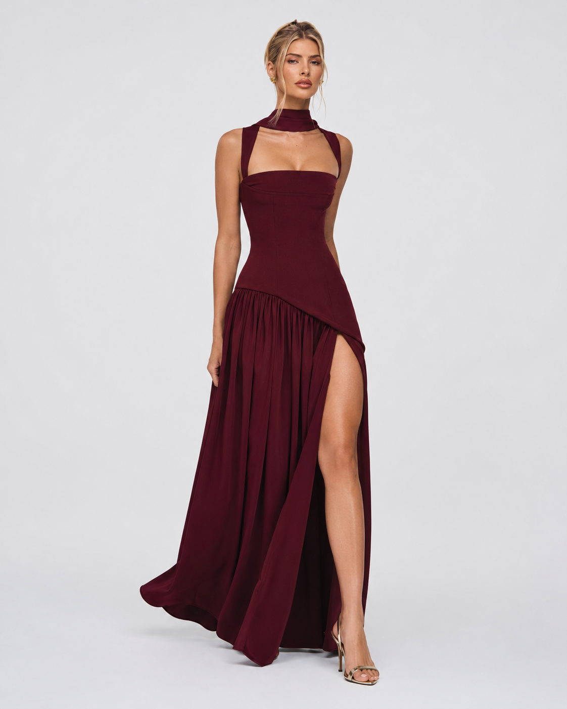 ARIANA - Vestido Maxi Corsé con Abertura y Pañuelo
