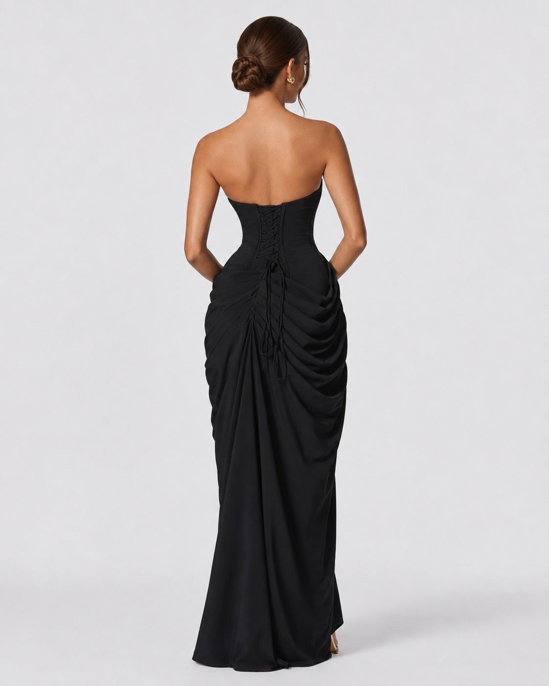 CELESTE - Vestido Maxi Palabra de Honor con Drapeado y Abertura