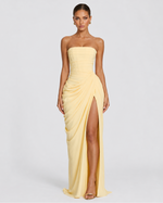 CELESTE - Vestido Maxi Palabra de Honor con Drapeado y Abertura