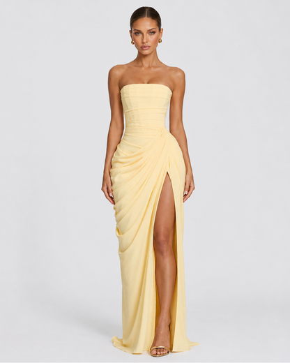 CELESTE - Vestido Maxi Palabra de Honor con Drapeado y Abertura