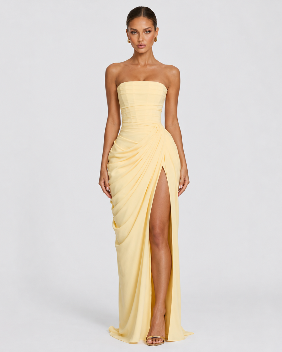 CELESTE - Vestido Maxi Palabra de Honor con Drapeado y Abertura