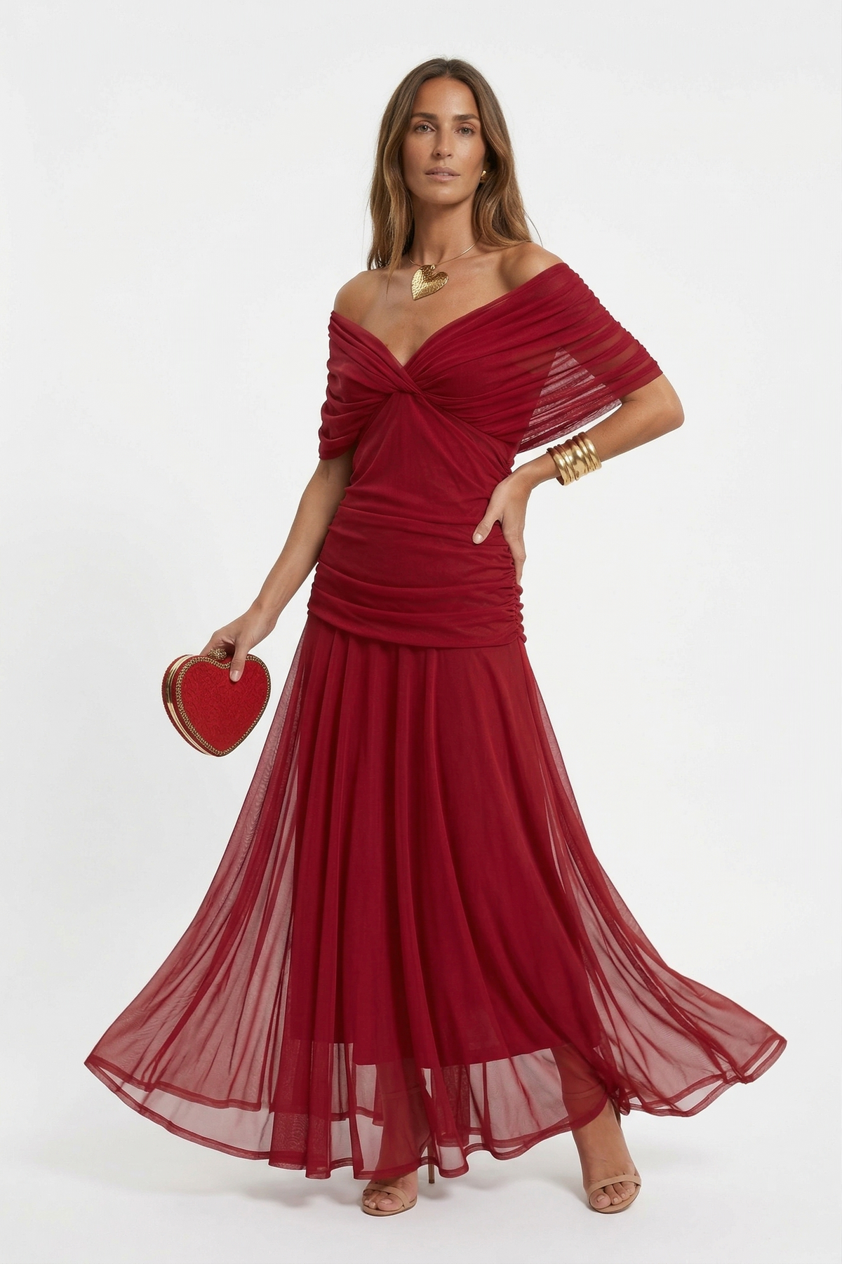 Vestido largo con escote en v - Rojo XL