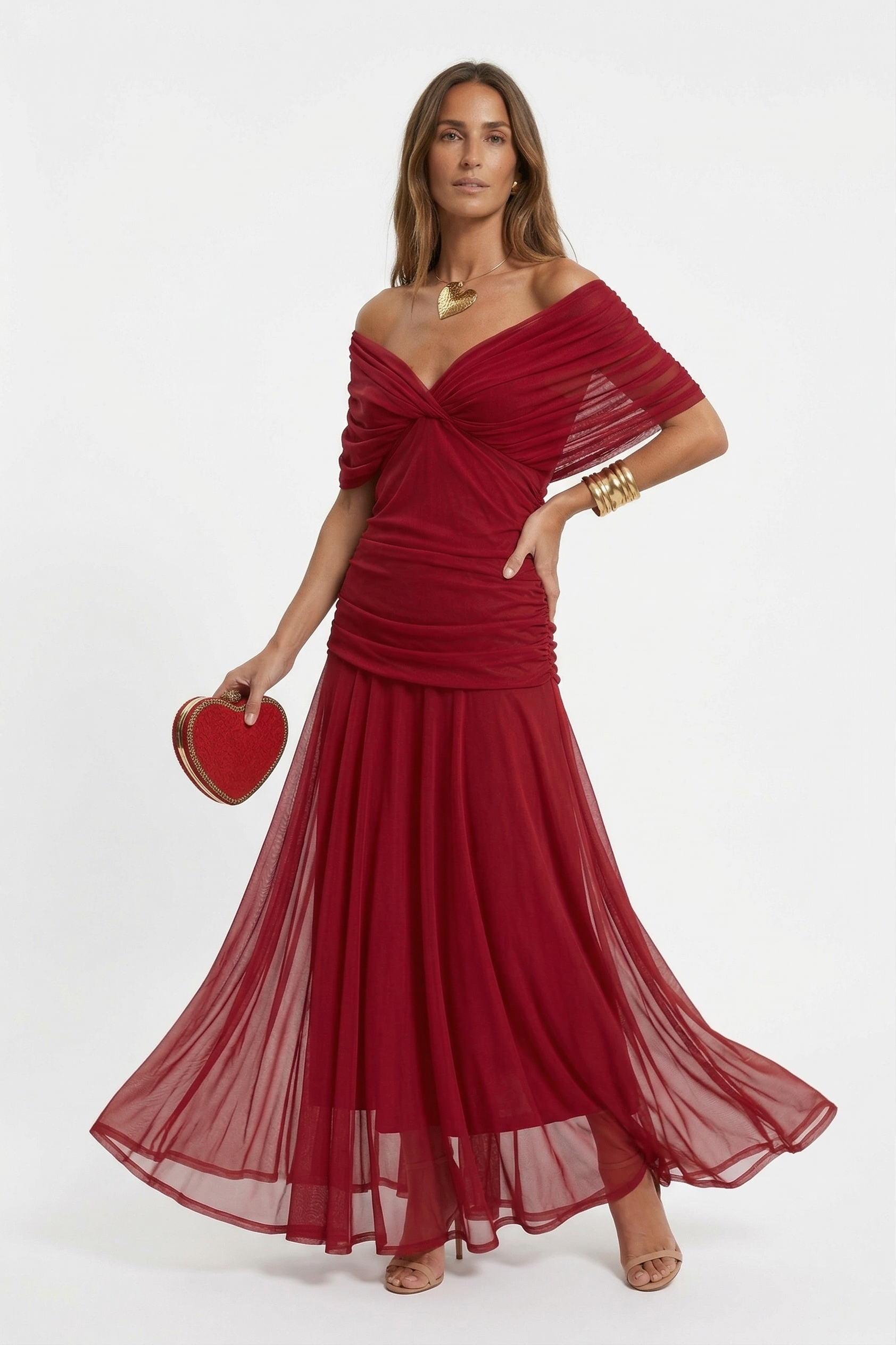 Vestido largo con escote en v - Rojo XL